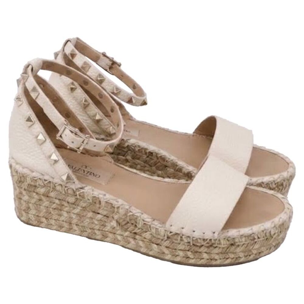 Valentino Garavani Rockstud Espadrille Wedge Sandals in White Leather